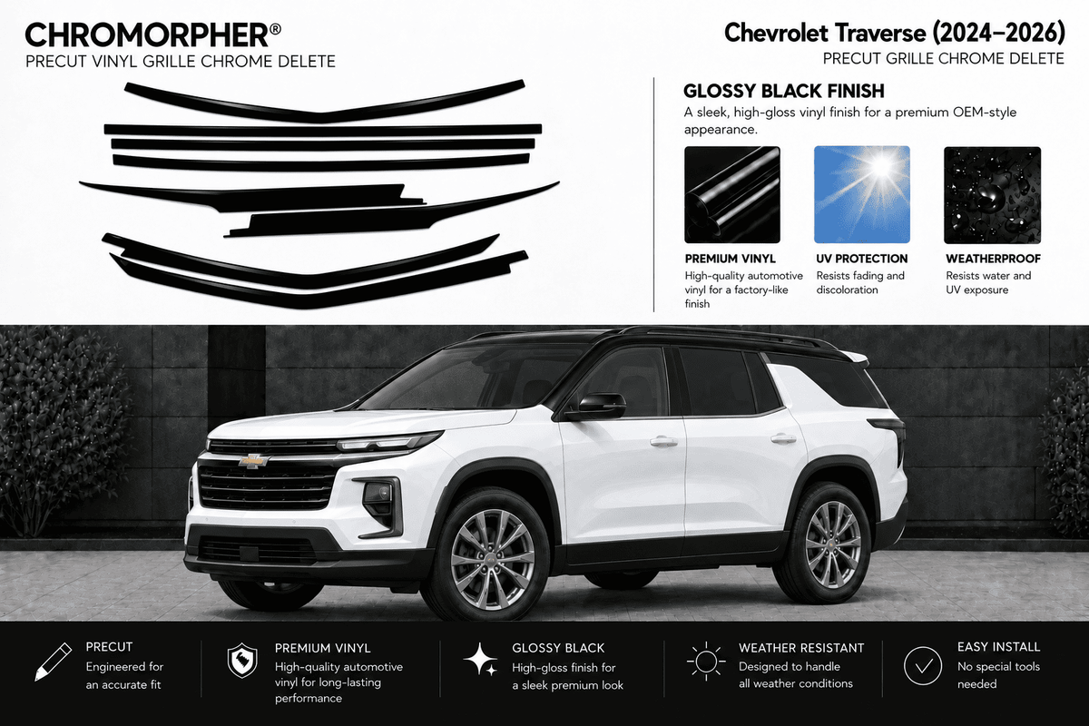 Chrome delete grille trim kit for Chevrolet Traverse (2024-2026) shown with black vinyl grille pieces on a white vehicle and product feature callouts.