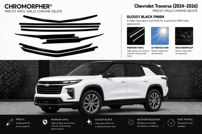 Chrome delete grille trim kit for Chevrolet Traverse (2024-2026) shown with black vinyl grille pieces on a white vehicle and product feature callouts.