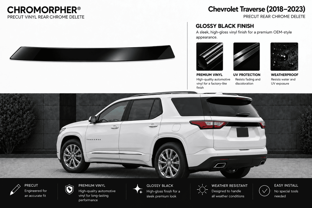 A black precut vinyl rear chrome delete lip spoiler trim for a 2018-2023 Chevrolet Traverse, shown both as a standalone product on a white background and installed on the rear of a white SUV.
