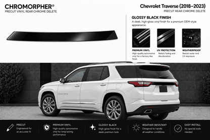 A black precut vinyl rear chrome delete lip spoiler trim for a 2018-2023 Chevrolet Traverse, shown both as a standalone product on a white background and installed on the rear of a white SUV.