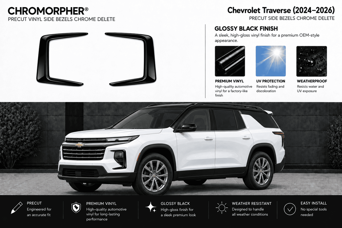 Chrome delete side bezel vinyl decal kit for Chevrolet Traverse (2024-2026), shown with two black glossy vinyl pieces on a white background and a white SUV below demonstrating the fitment.