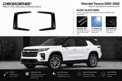 Chrome delete side bezel vinyl decal kit for Chevrolet Traverse (2024-2026), shown with two black glossy vinyl pieces on a white background and a white SUV below demonstrating the fitment.