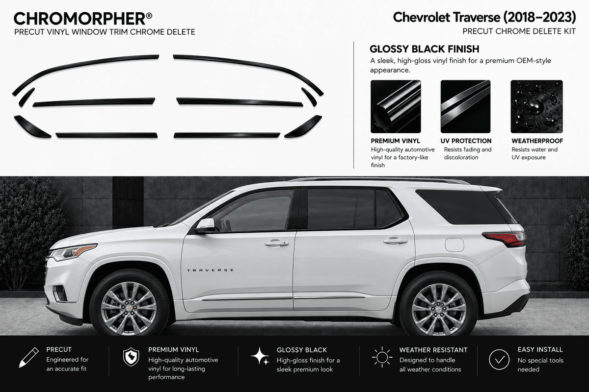 Chrome morpher precut vinyl window trim chrome delete kit for a Chevrolet Traverse (2018-2023) in glossy black finish. The image features a white SUV on the bottom half and the black precut trim pieces on the top half with product specifications and feature icons.