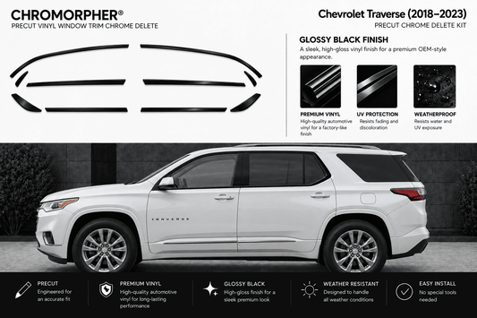 Chrome morpher precut vinyl window trim chrome delete kit for a Chevrolet Traverse (2018-2023) in glossy black finish. The image features a white SUV on the bottom half and the black precut trim pieces on the top half with product specifications and feature icons.