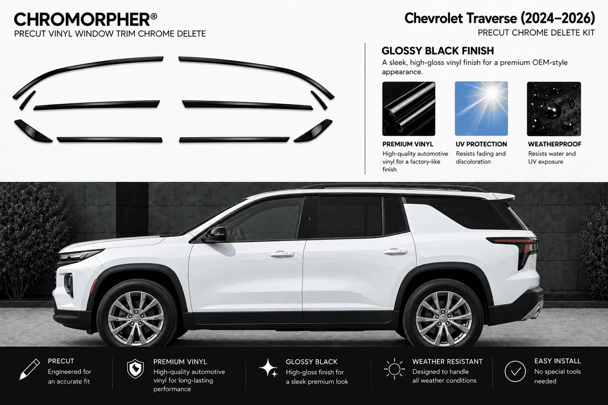 Chromorpher Precut Vinyl Window Trim Chrome Delete Kit for Chevrolet Traverse (2024-2026) in glossy black finish, shown with the vehicle outline of the truck and feature callouts.