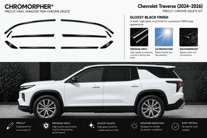Chromorpher Precut Vinyl Window Trim Chrome Delete Kit for Chevrolet Traverse (2024-2026) in glossy black finish, shown with the vehicle outline of the truck and feature callouts.