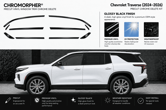 Chromorpher Precut Vinyl Window Trim Chrome Delete Kit for Chevrolet Traverse (2024-2026) in glossy black finish, shown with the vehicle outline of the truck and feature callouts.