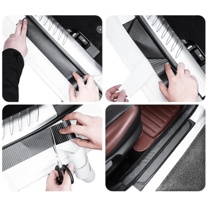 Step-by-step application of ChroMorpher Carbon Fiber Protective Tape on car door sill.