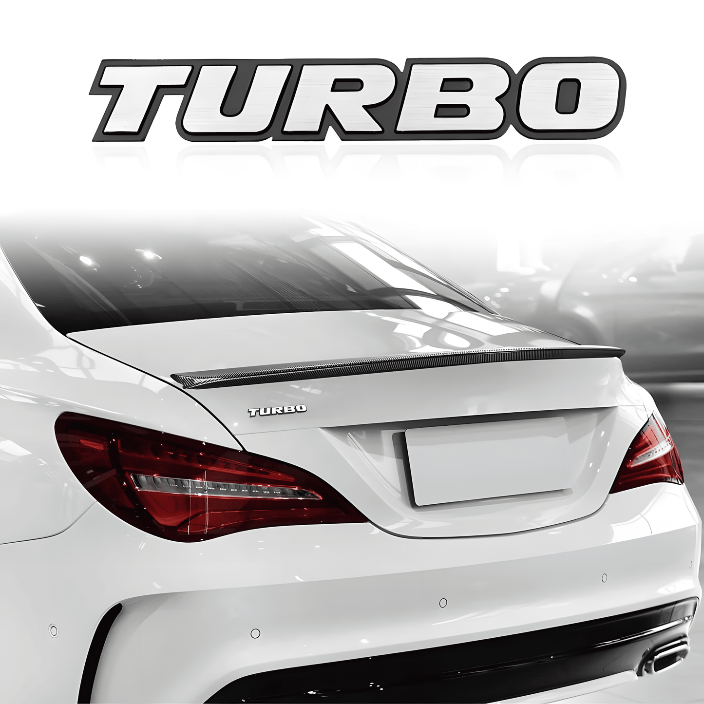 ChroMorpher 3D Metal TURBO Emblem installed on the rear of a white car. The emblem features bold, shiny letters with the word "TURBO" designed in a sleek, chrome-like finish.