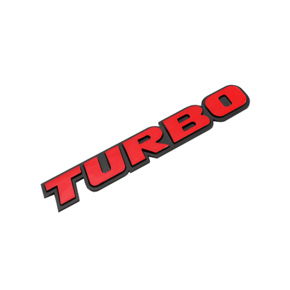 ChroMorpher 3D Metal TURBO Emblem featuring bold red letters and a sleek black border, offering a stylish look for your vehicle.