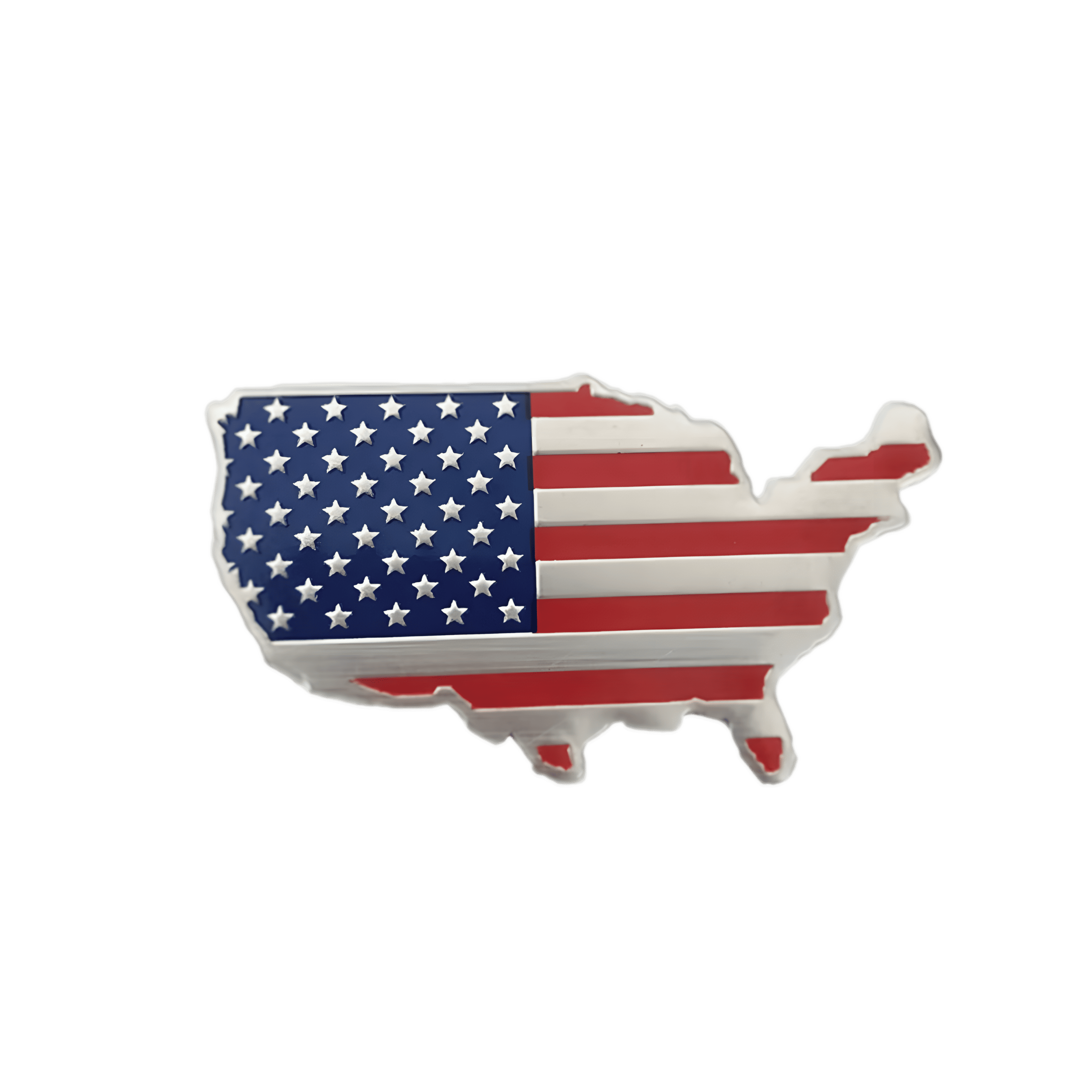 A USA-shaped aluminum emblem sticker featuring a detailed American flag design. This durable, waterproof, and weatherproof metal badge is perfect for cars, motorcycles, trucks, laptops, and other smooth surfaces, adding a patriotic and stylish touch.