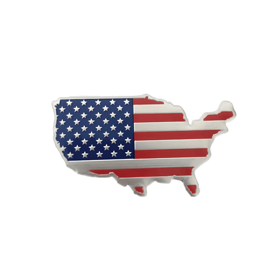 A USA-shaped aluminum emblem sticker featuring a detailed American flag design. This durable, waterproof, and weatherproof metal badge is perfect for cars, motorcycles, trucks, laptops, and other smooth surfaces, adding a patriotic and stylish touch.