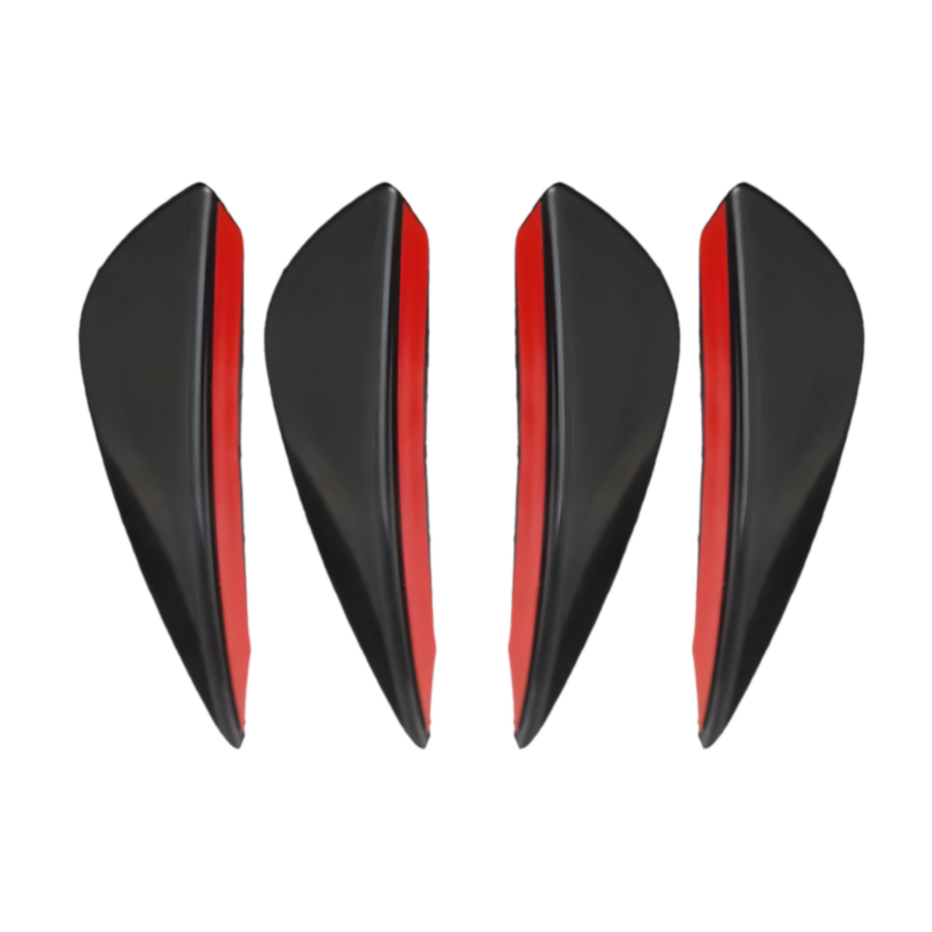 A 4-piece set of black rear bumper diffuser fins with a sleek aerodynamic design and red adhesive backing for easy installation. These durable ABS fins enhance a vehicle’s sporty appearance while offering added protection and style.