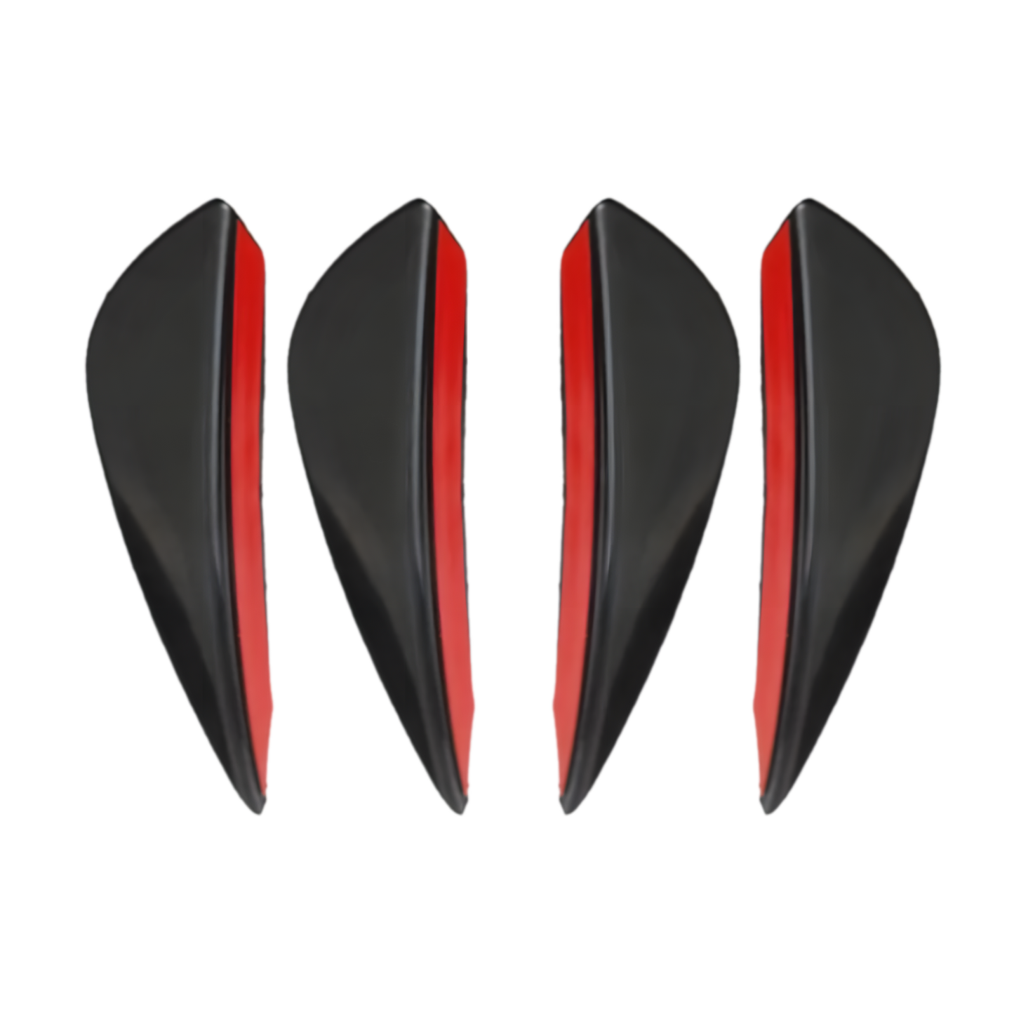 A 4-piece set of black rear bumper diffuser fins with a sleek aerodynamic design and red adhesive backing for easy installation. These durable ABS fins enhance a vehicle’s sporty appearance while offering added protection and style.
