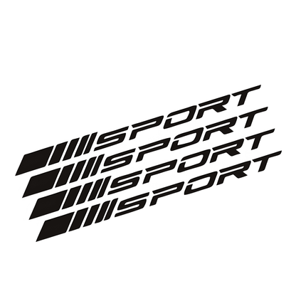 A sleek set of black "SPORT" decals, designed for a bold and stealthy look. These durable vinyl stickers add a sporty touch to wheel rims, car bodies, or other smooth surfaces, blending seamlessly with dark-colored vehicles.