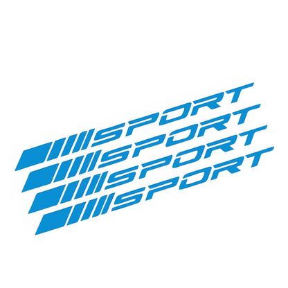 A set of blue "SPORT" decals, perfect for adding a bold and stylish touch to vehicle wheel rims. These high-quality vinyl stickers provide a durable and weather-resistant enhancement for cars, motorcycles, and trucks.