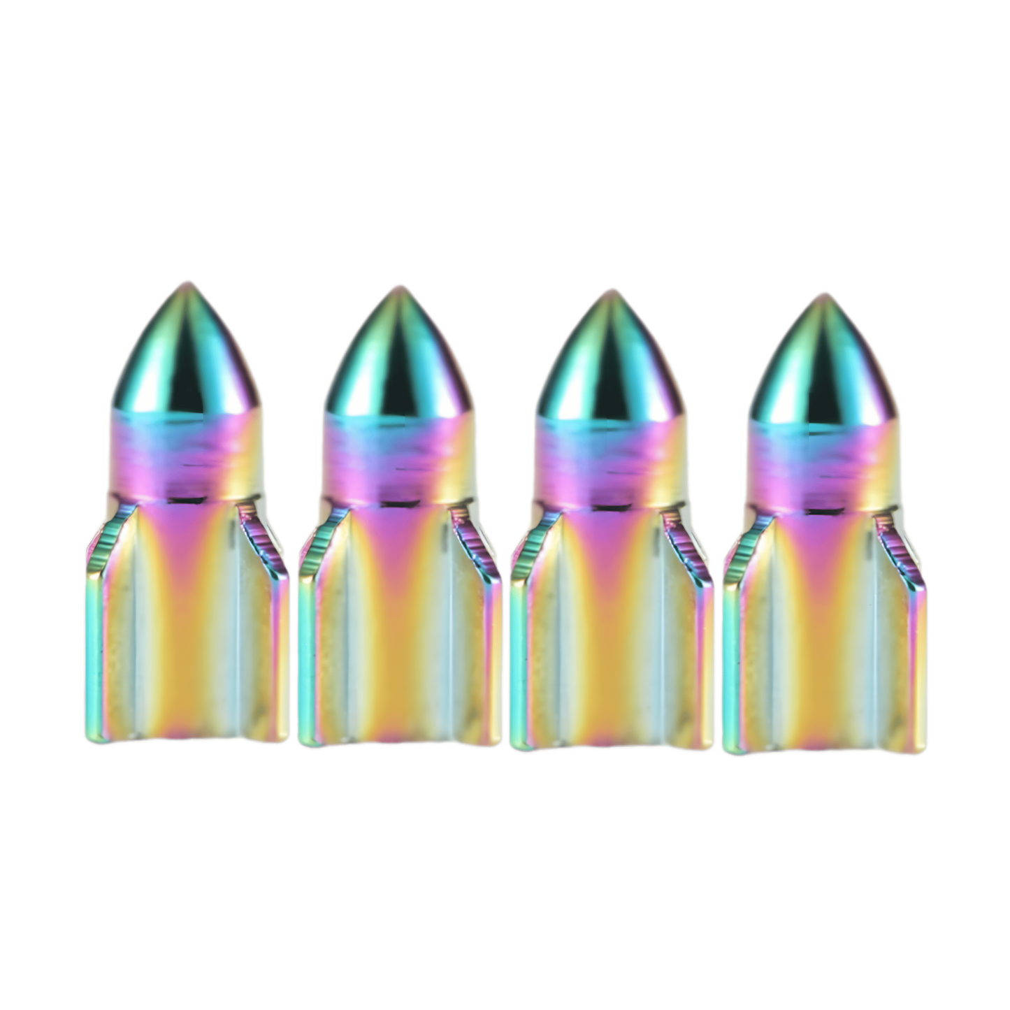  A set of four bullet-shaped tire valve caps with a sleek neo chrome finish, offering style and protection.