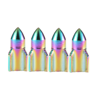  A set of four bullet-shaped tire valve caps with a sleek neo chrome finish, offering style and protection.