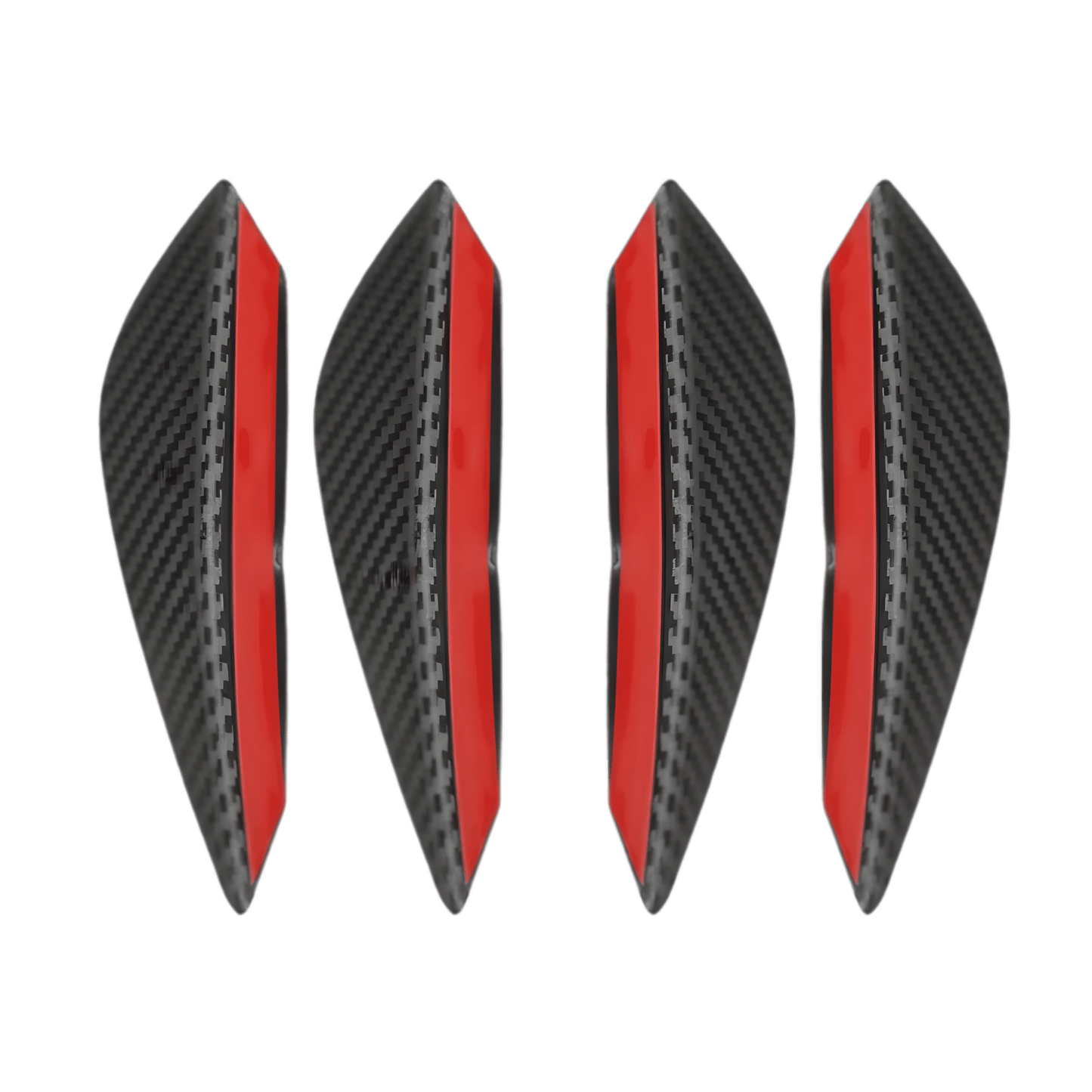 A 4-piece set of carbon fiber-style rear bumper diffuser fins featuring a textured carbon fiber look and red adhesive backing for quick and secure installation. Designed to enhance a vehicle’s sporty appearance while providing added aerodynamics and protection.