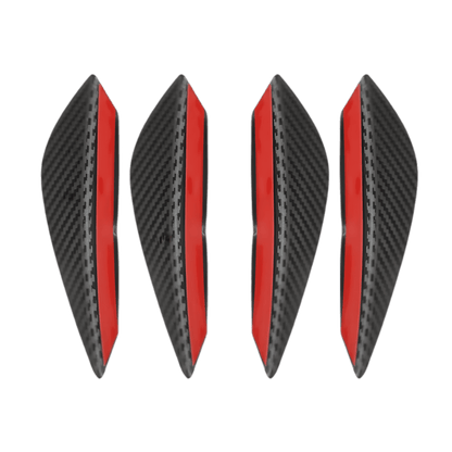 A 4-piece set of carbon fiber-style rear bumper diffuser fins featuring a textured carbon fiber look and red adhesive backing for quick and secure installation. Designed to enhance a vehicle’s sporty appearance while providing added aerodynamics and protection.