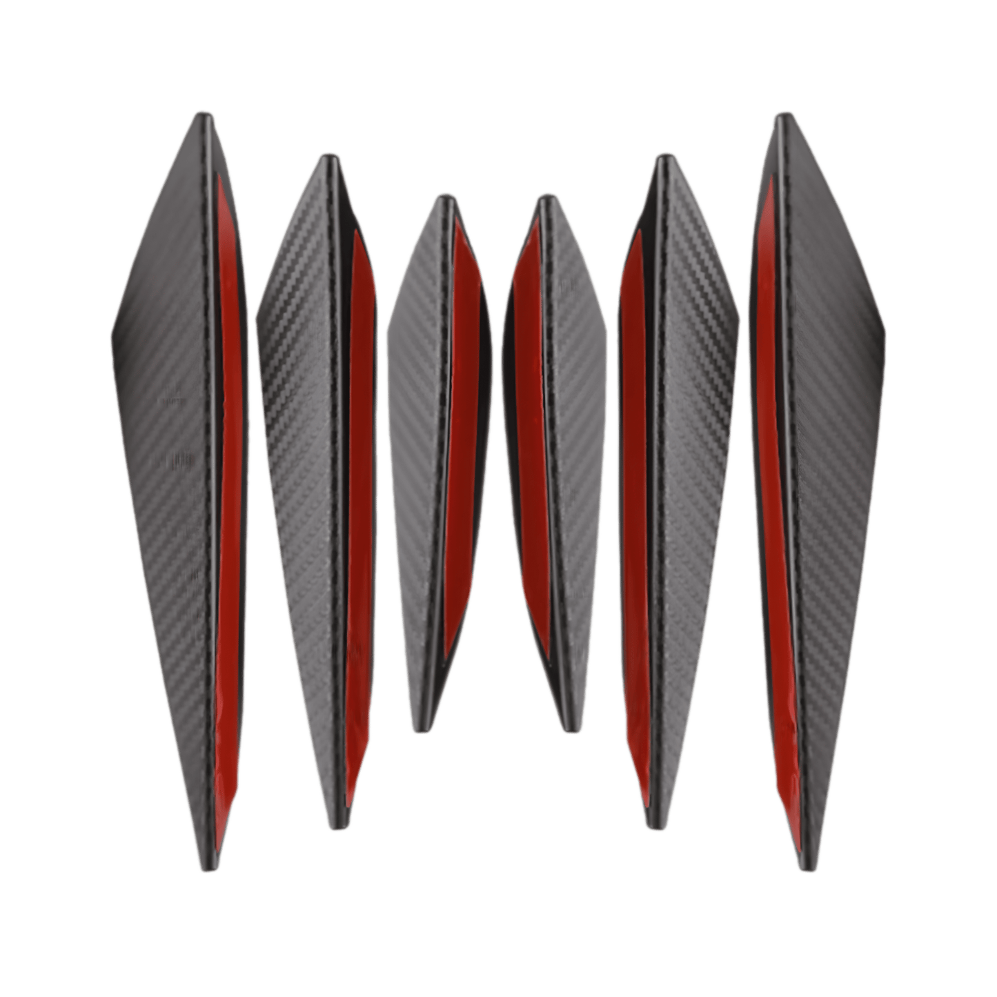 A 6-piece set of carbon fiber-style rear bumper diffuser fins with red adhesive backing for easy, secure installation. These durable, aerodynamic fins enhance a vehicle’s aggressive, sporty appearance while improving airflow and protection. Made from high-quality ABS plastic, they offer long-lasting performance.