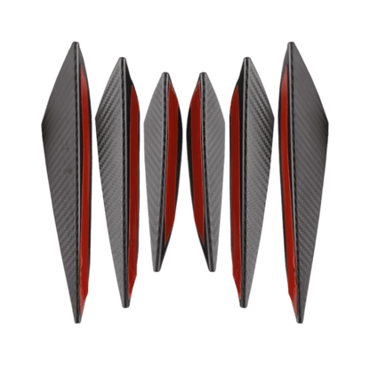 A 6-piece set of carbon fiber-style rear bumper diffuser fins with red adhesive backing for easy, secure installation. These durable, aerodynamic fins enhance a vehicle’s aggressive, sporty appearance while improving airflow and protection. Made from high-quality ABS plastic, they offer long-lasting performance.