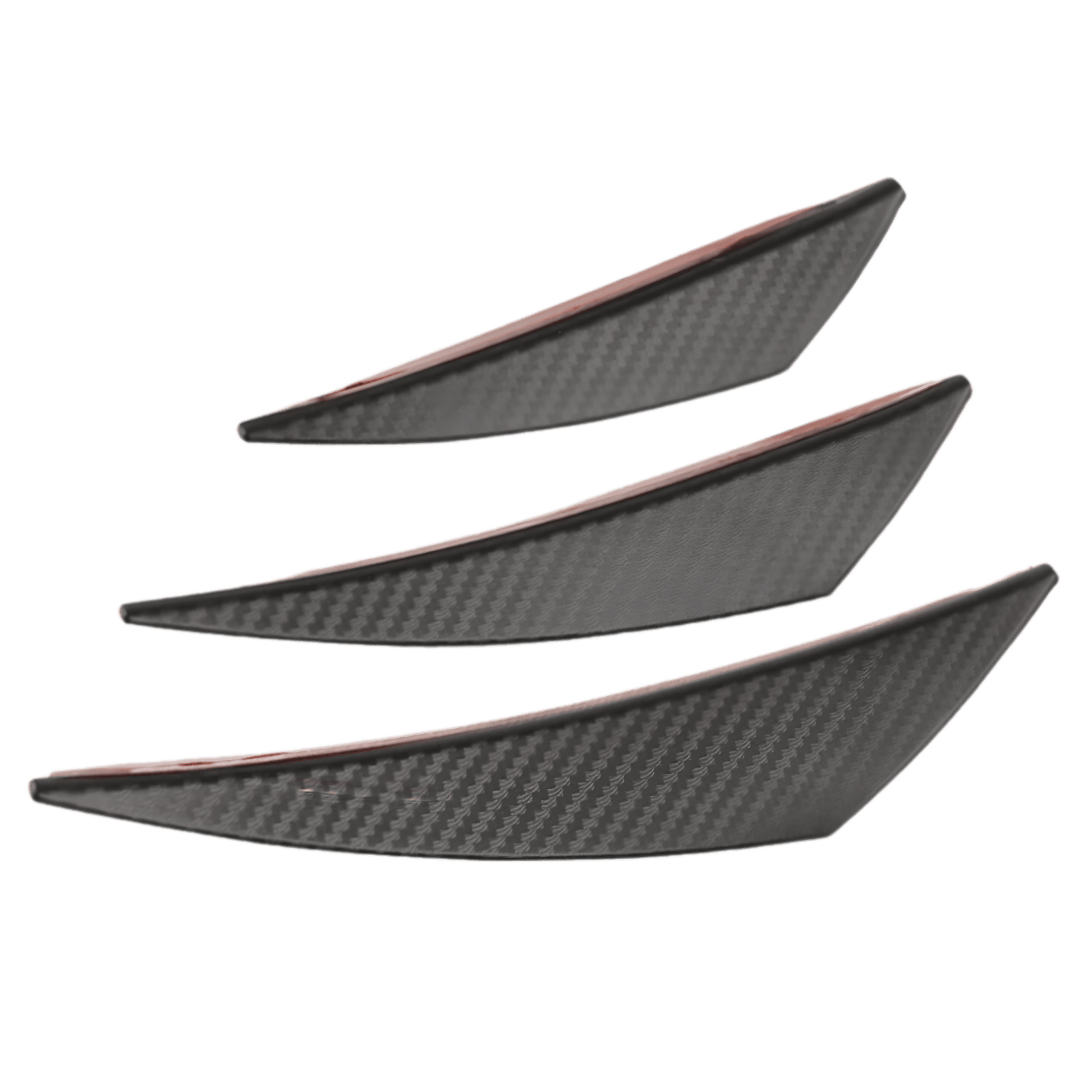A 3-piece set of carbon fiber-style rear bumper spoiler diffuser fins, designed for aerodynamic enhancements and a sporty appearance. Featuring a sleek carbon fiber pattern and red adhesive backing for easy installation, these fins add an aggressive and stylish touch to any vehicle.