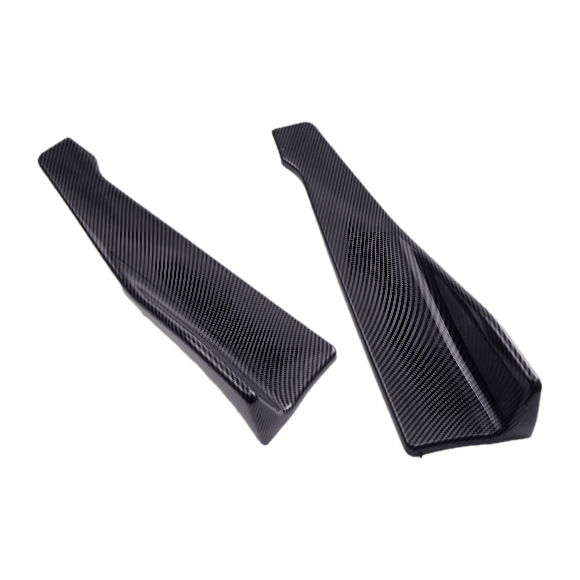 A pair of carbon fiber-style rear side skirt extensions, displayed from an angled perspective to highlight their aerodynamic design and textured carbon fiber finish. Made from durable ABS plastic, these splitters provide a sleek, aggressive appearance while enhancing vehicle stability and airflow.