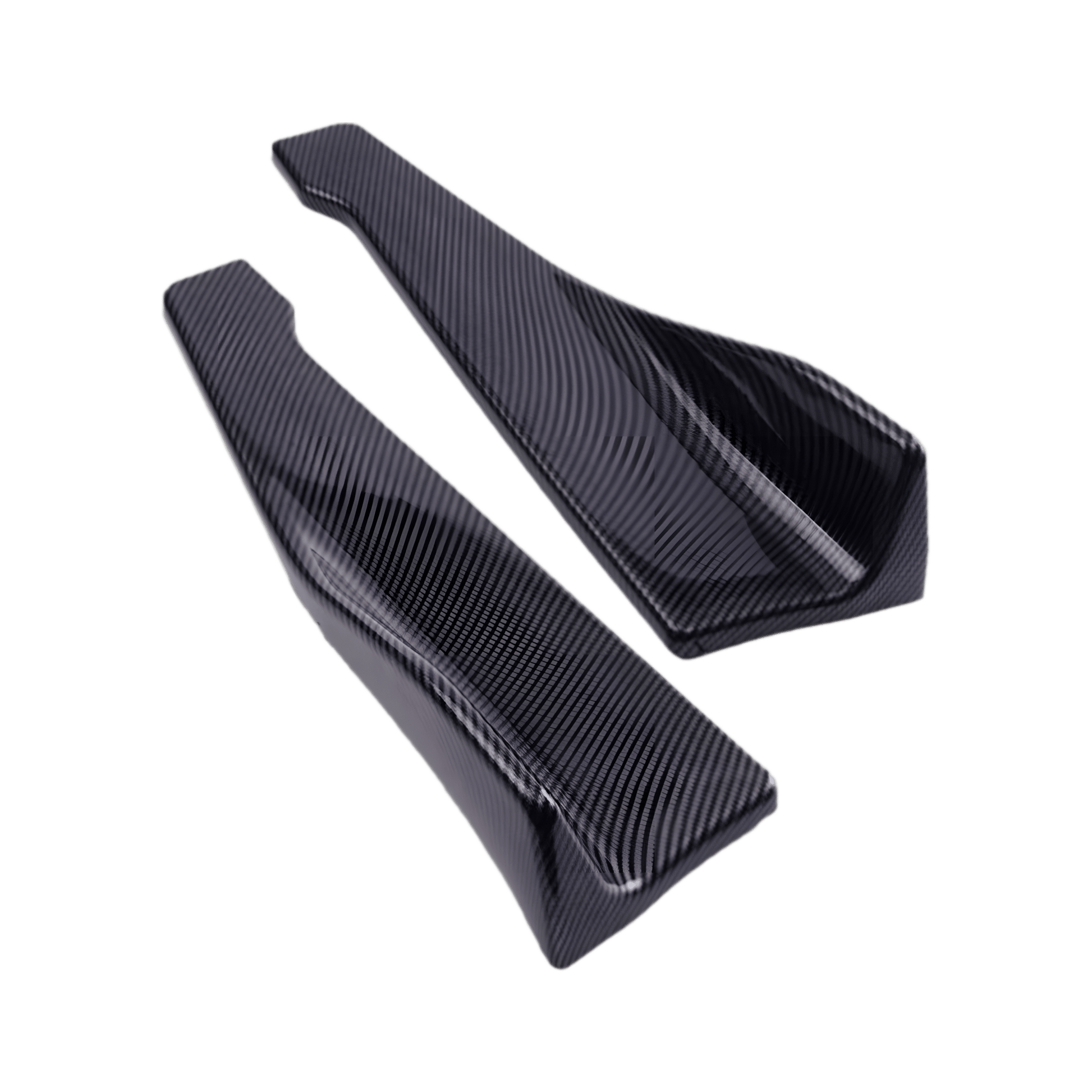 A pair of carbon fiber-style rear side skirt extensions, showcasing their curved aerodynamic design and textured carbon fiber finish. Made from high-quality ABS plastic, these splitters enhance a vehicle’s sporty appearance and airflow dynamics while offering durability and lightweight performance.