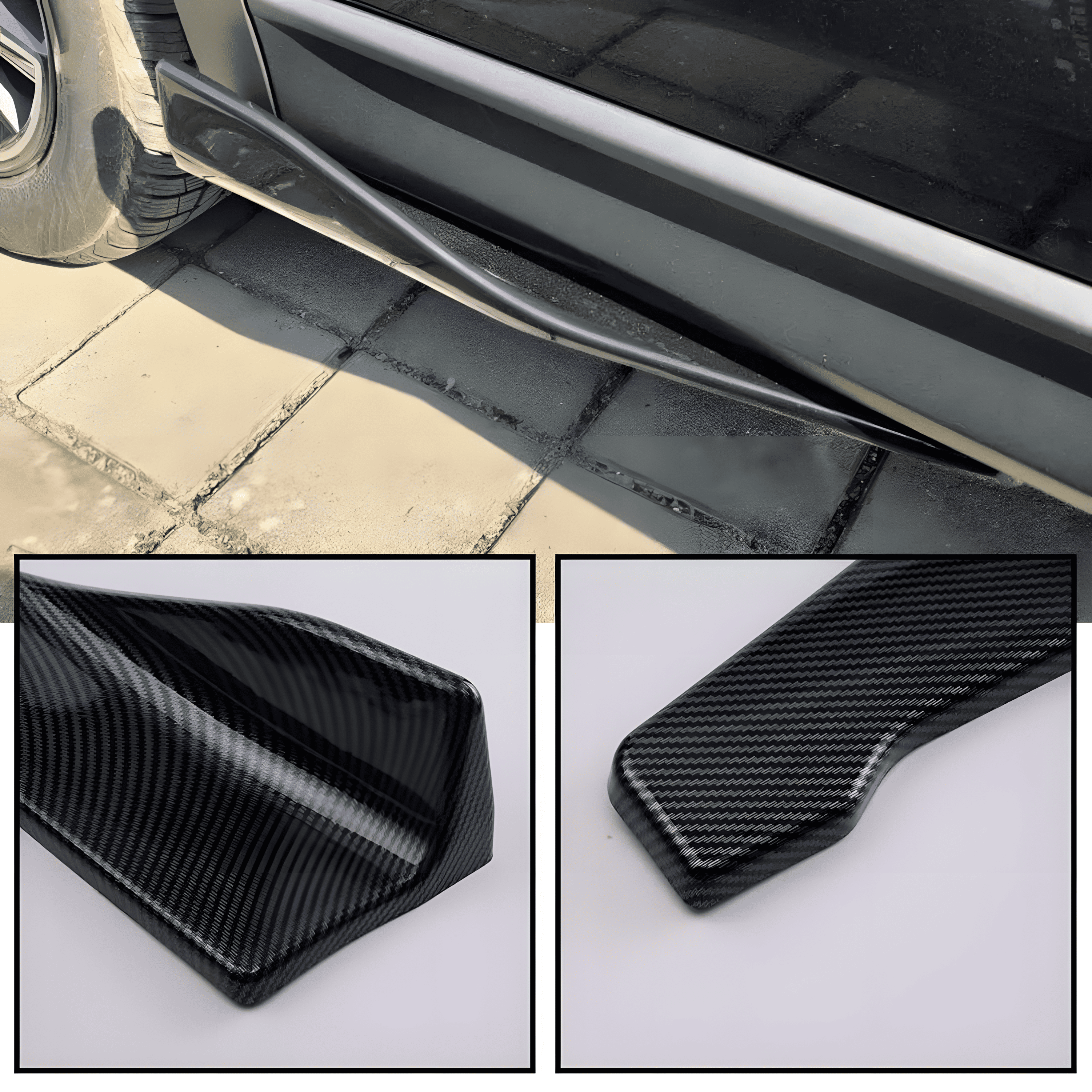 A carbon fiber-style rear side skirt extension installed on a black vehicle, enhancing its aerodynamic performance and aggressive look. The lower portion of the image highlights detailed close-up views of the textured carbon fiber finish and sturdy ABS plastic construction, ensuring durability and a sleek appearance.