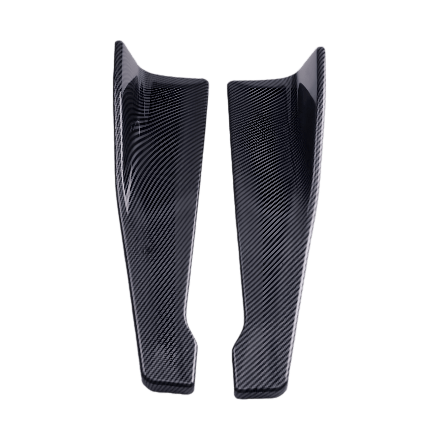 A pair of carbon fiber-style rear side skirt extensions, designed to enhance a vehicle’s aerodynamics and aggressive stance. Made from durable ABS plastic, these lightweight splitters offer a sleek, race-inspired look while improving airflow and stability.