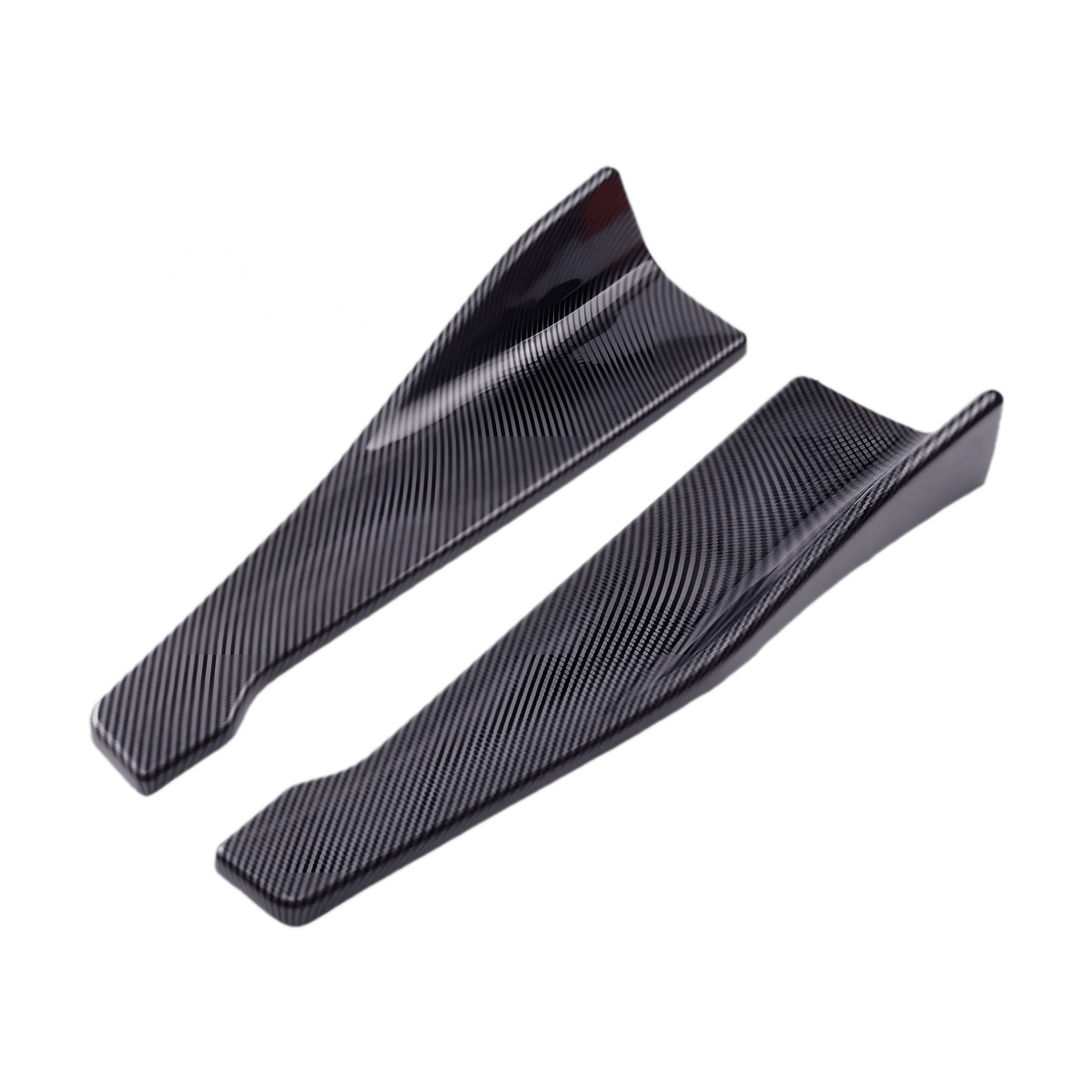 A pair of carbon fiber-style rear side skirt extensions, designed for a sporty and aerodynamic look. Made from durable ABS plastic, these lightweight splitters feature a sleek, contoured design that enhances vehicle aesthetics and airflow efficiency.