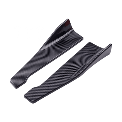 A pair of carbon fiber-style rear side skirt extensions, designed for a sporty and aerodynamic look. Made from durable ABS plastic, these lightweight splitters feature a sleek, contoured design that enhances vehicle aesthetics and airflow efficiency.