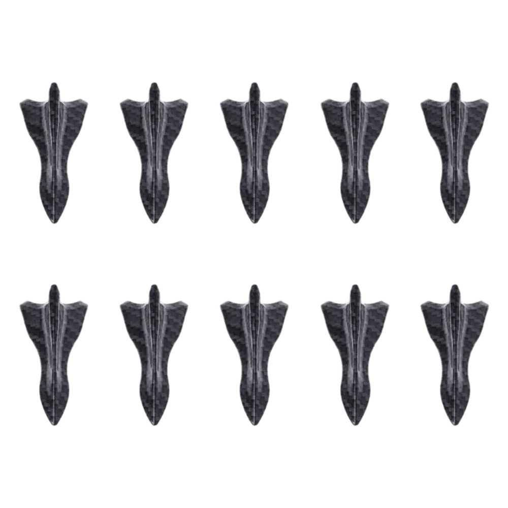 An artistic display of ten shark fin spoilers from the ChroMorpher Carbon Fiber Shark Fin Spoiler Wing Kit, showcased in a symmetrical pattern on a transparent background. Each spoiler flaunts a distinct carbon fiber texture, engineered for aerodynamic enhancement by reducing drag and increasing downforce. The set is designed for universal application, promoting enhanced performance and aesthetics on various vehicle types.