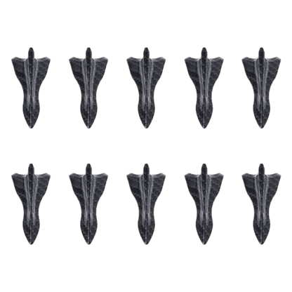 An artistic display of ten shark fin spoilers from the ChroMorpher Carbon Fiber Shark Fin Spoiler Wing Kit, showcased in a symmetrical pattern on a transparent background. Each spoiler flaunts a distinct carbon fiber texture, engineered for aerodynamic enhancement by reducing drag and increasing downforce. The set is designed for universal application, promoting enhanced performance and aesthetics on various vehicle types.