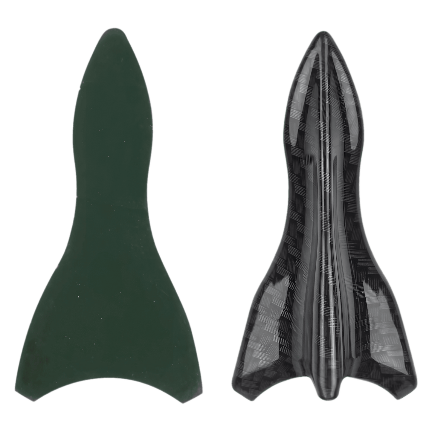 A dual view of a shark fin spoiler from the ChroMorpher Carbon Fiber Shark Fin Spoiler Wing Kit, displaying both the top and bottom sides. The left side of the image shows the smooth, plain underside, while the right side details the textured carbon fiber pattern finish of the spoiler. This design enhances the vehicle's aerodynamics, contributing to better performance by reducing drag and increasing downforce. The durable PU material construction is highlighted, ready for customization and installation on v
