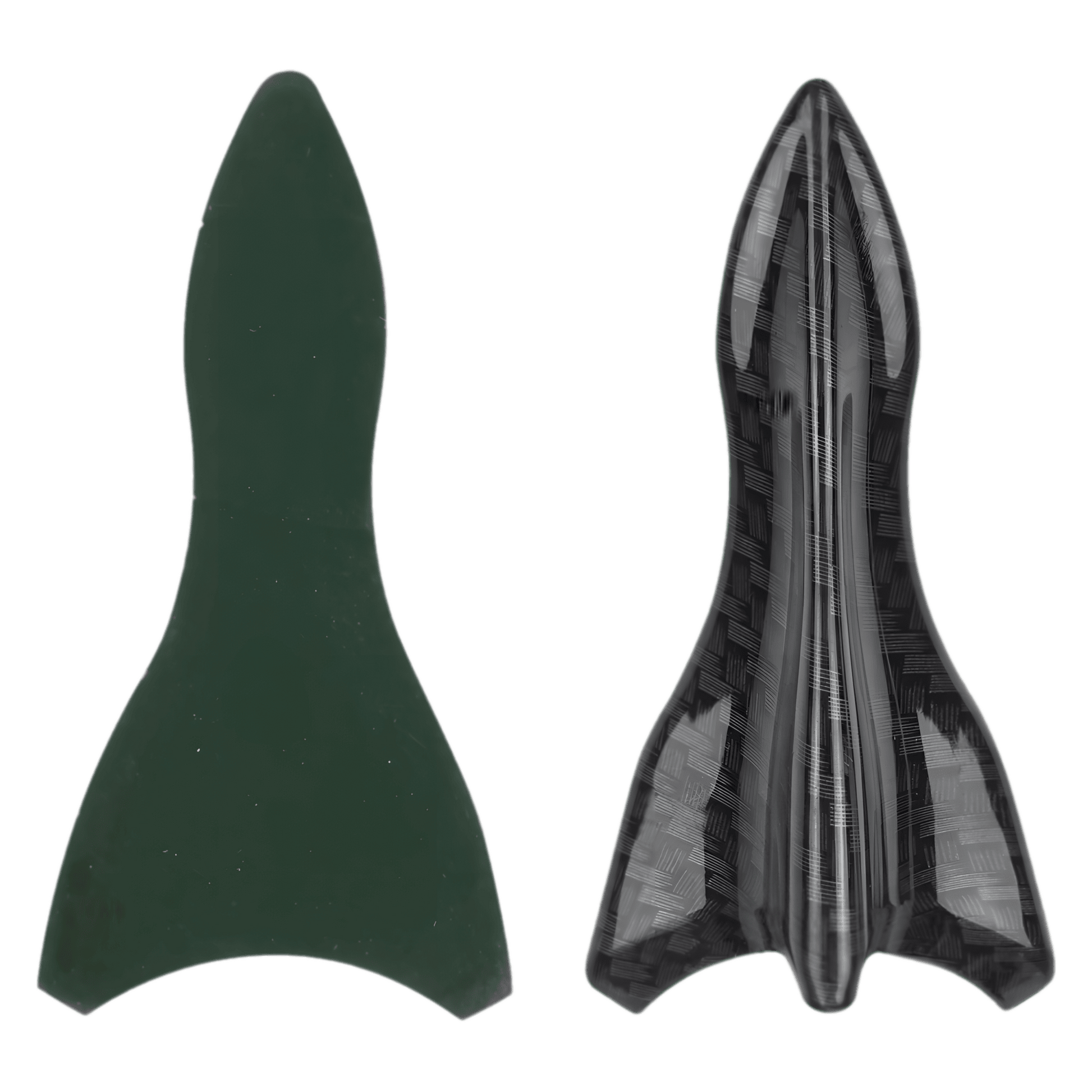 A dual view of a shark fin spoiler from the ChroMorpher Carbon Fiber Shark Fin Spoiler Wing Kit, displaying both the top and bottom sides. The left side of the image shows the smooth, plain underside, while the right side details the textured carbon fiber pattern finish of the spoiler. This design enhances the vehicle's aerodynamics, contributing to better performance by reducing drag and increasing downforce. The durable PU material construction is highlighted, ready for customization and installation on v