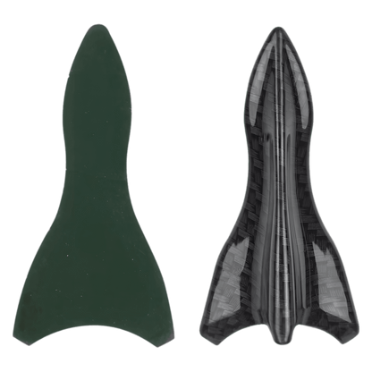 A dual view of a shark fin spoiler from the ChroMorpher Carbon Fiber Shark Fin Spoiler Wing Kit, displaying both the top and bottom sides. The left side of the image shows the smooth, plain underside, while the right side details the textured carbon fiber pattern finish of the spoiler. This design enhances the vehicle's aerodynamics, contributing to better performance by reducing drag and increasing downforce. The durable PU material construction is highlighted, ready for customization and installation on v