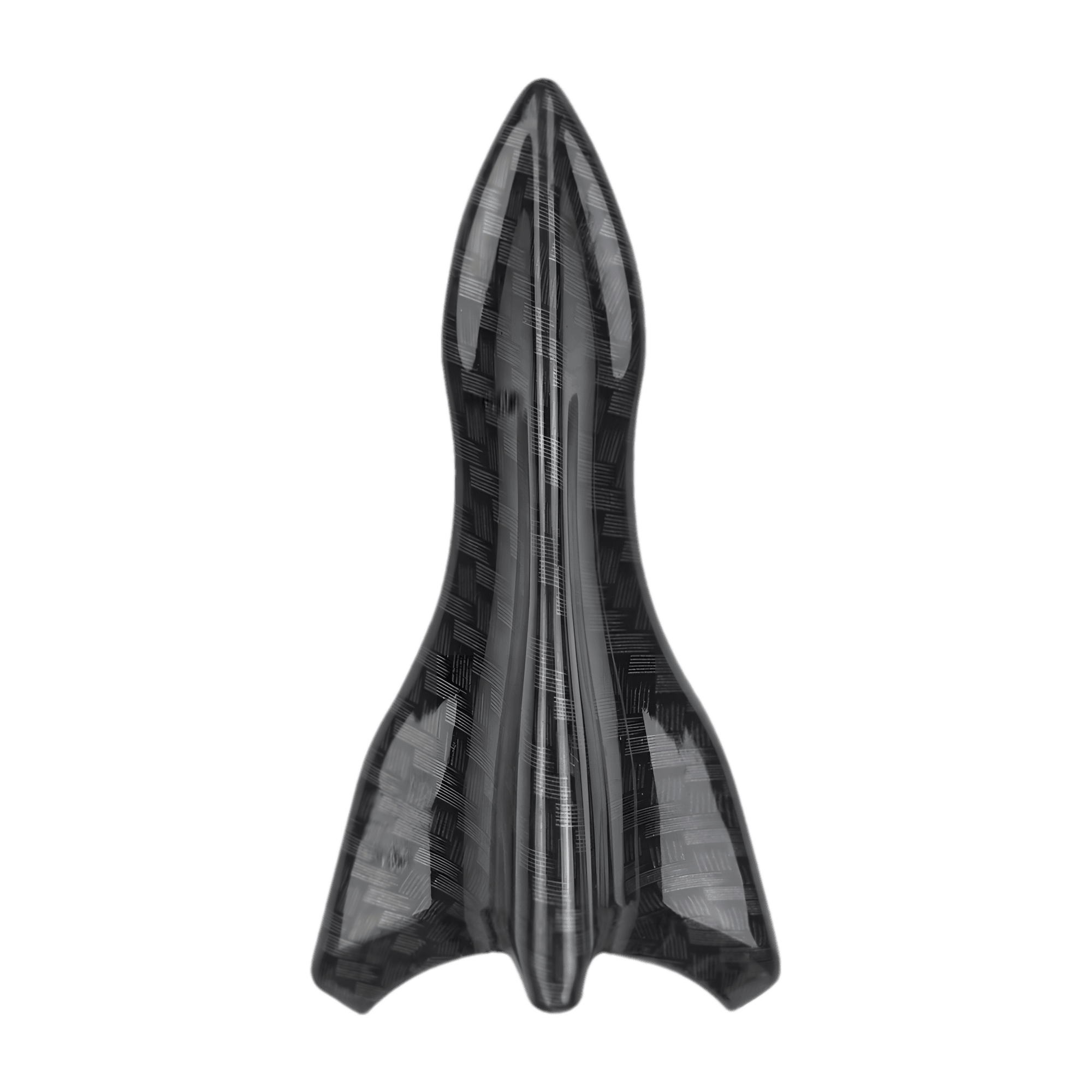 Top view of a shark fin spoiler from the ChroMorpher Carbon Fiber Shark Fin Spoiler Wing Kit, showcasing the detailed carbon fiber pattern finish. This design is optimized for aerodynamic performance, helping to reduce drag and enhance downforce effectively. The high-quality PU material with a weatherproof coating ensures durability and suitability for various vehicle types, including sports cars and SUVs. The sleek and modern appearance offers a visually striking enhancement to any vehicle.