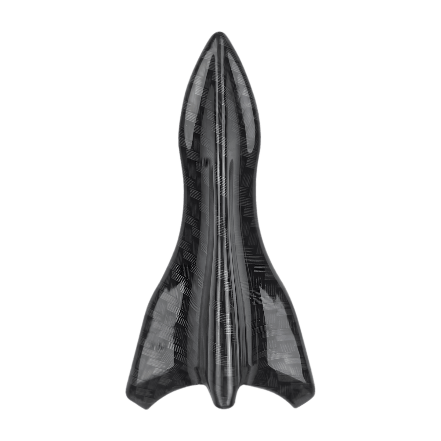 Top view of a shark fin spoiler from the ChroMorpher Carbon Fiber Shark Fin Spoiler Wing Kit, showcasing the detailed carbon fiber pattern finish. This design is optimized for aerodynamic performance, helping to reduce drag and enhance downforce effectively. The high-quality PU material with a weatherproof coating ensures durability and suitability for various vehicle types, including sports cars and SUVs. The sleek and modern appearance offers a visually striking enhancement to any vehicle.