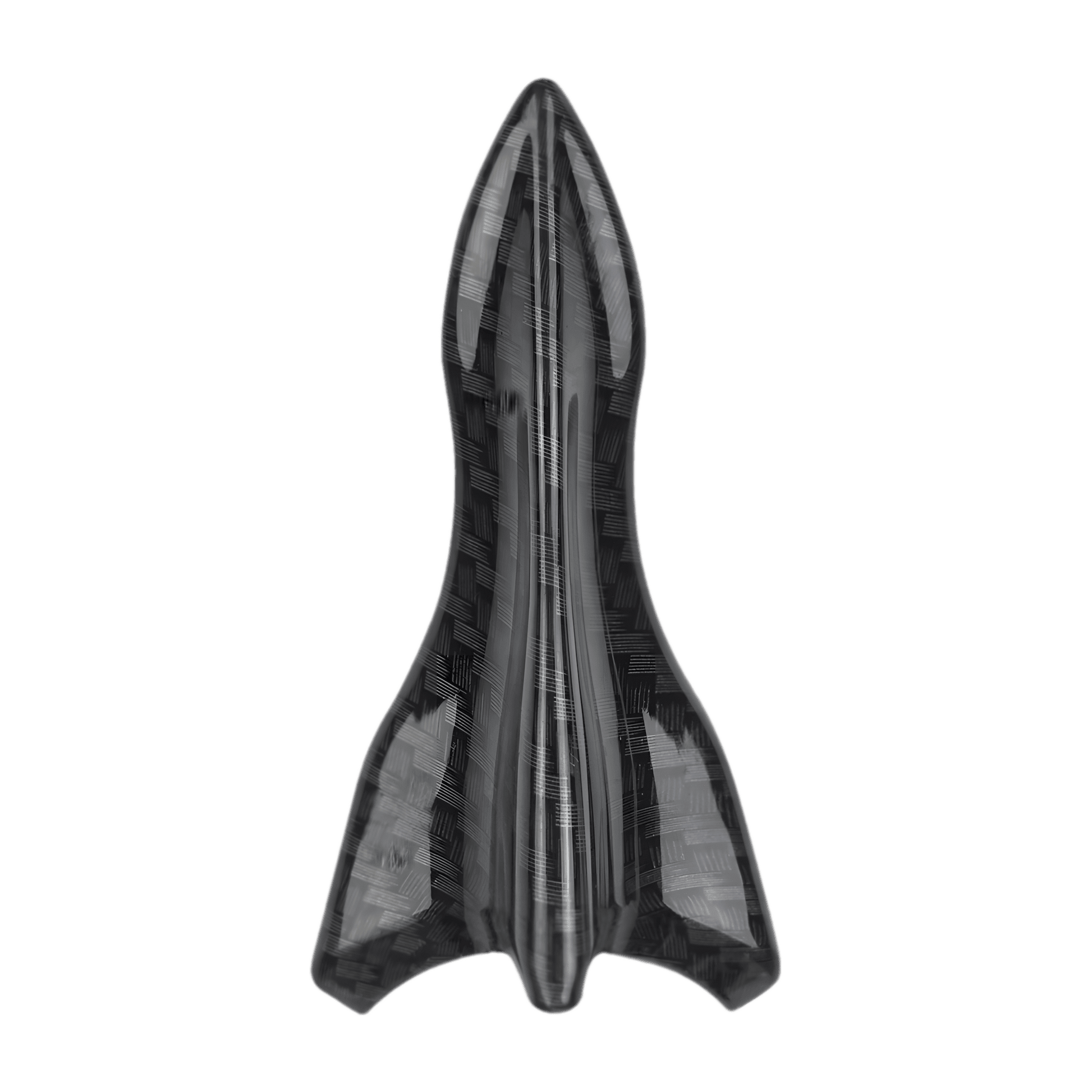Top view of a shark fin spoiler from the ChroMorpher Carbon Fiber Shark Fin Spoiler Wing Kit, showcasing the detailed carbon fiber pattern finish. This design is optimized for aerodynamic performance, helping to reduce drag and enhance downforce effectively. The high-quality PU material with a weatherproof coating ensures durability and suitability for various vehicle types, including sports cars and SUVs. The sleek and modern appearance offers a visually striking enhancement to any vehicle.