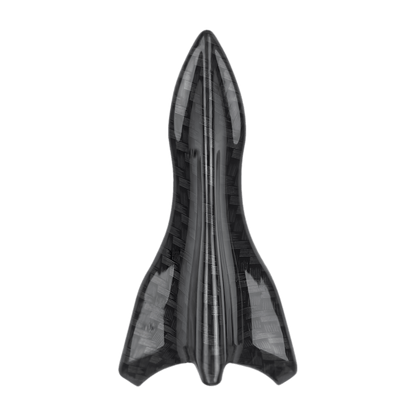 Top view of a shark fin spoiler from the ChroMorpher Carbon Fiber Shark Fin Spoiler Wing Kit, showcasing the detailed carbon fiber pattern finish. This design is optimized for aerodynamic performance, helping to reduce drag and enhance downforce effectively. The high-quality PU material with a weatherproof coating ensures durability and suitability for various vehicle types, including sports cars and SUVs. The sleek and modern appearance offers a visually striking enhancement to any vehicle.
