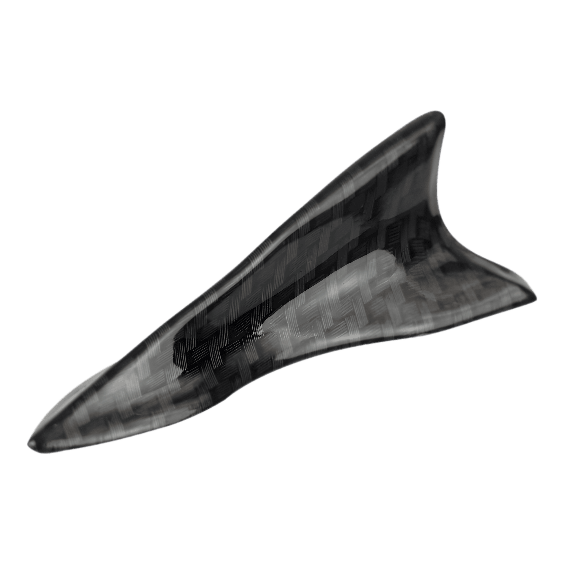 A transparent image of a carbon fiber pattern shark fin spoiler from the ChroMorpher Carbon Fiber Shark Fin Spoiler Wing Kit. The spoiler is designed in a sleek shark fin shape to enhance vehicle aerodynamics, featuring a high-quality PU material construction with a carbon fiber finish.