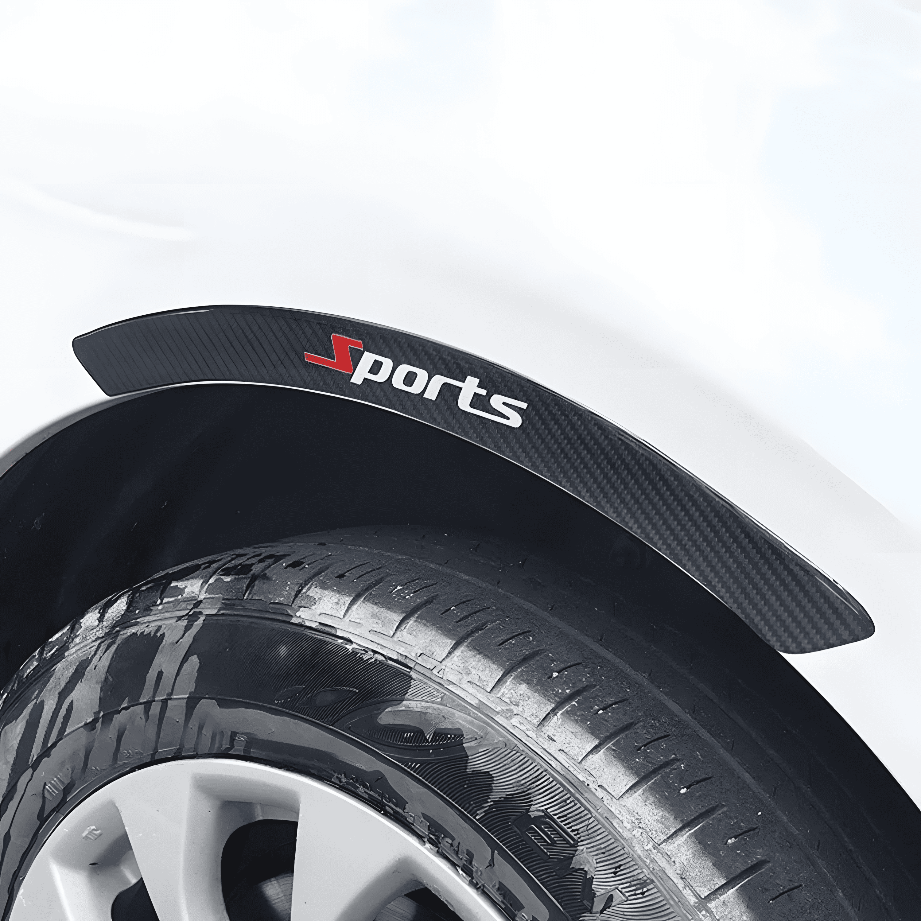 ChroMorpher Carbon Fiber Sports Wheel Eyebrow Protector installed on a car tire, featuring a sleek, sporty design with a red 