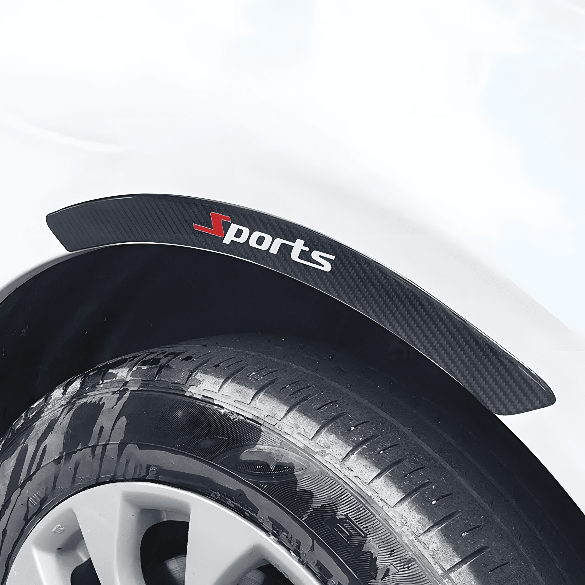 ChroMorpher Carbon Fiber Sports Wheel Eyebrow Protector installed on a car tire, featuring a sleek, sporty design with a red "Sports" logo.