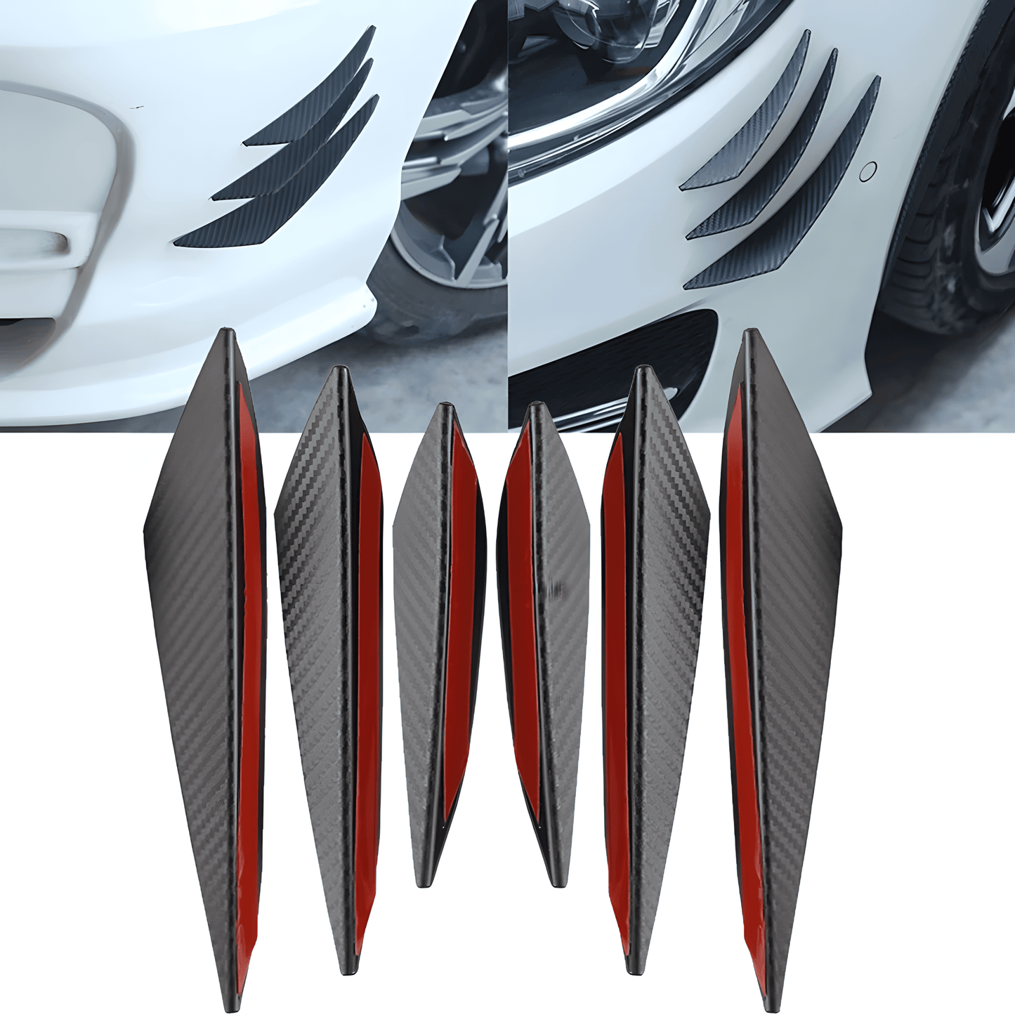 A 6-piece universal rear bumper spoiler diffuser kit with a carbon fiber-style finish and red adhesive backing. The image displays the diffusers installed on a white car’s rear bumper, creating a sleek, aggressive, and sporty appearance while improving aerodynamics.