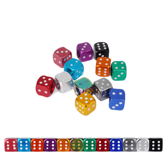 A set of colorful dice-shaped aluminum valve caps designed for car, truck, motorcycle, and bicycle tires. These stylish and durable valve caps add a unique touch while protecting valve stems from dust and leaks.