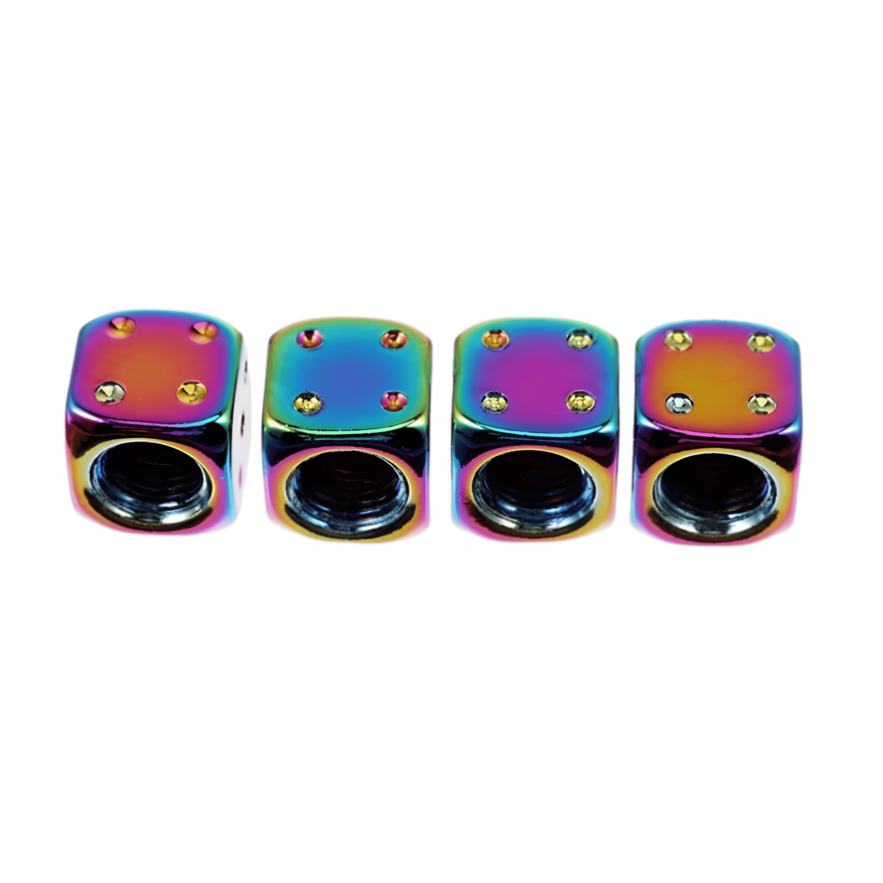 A set of four dice-shaped tire valve caps with a vibrant neo chrome finish, featuring a threaded design for easy installation.