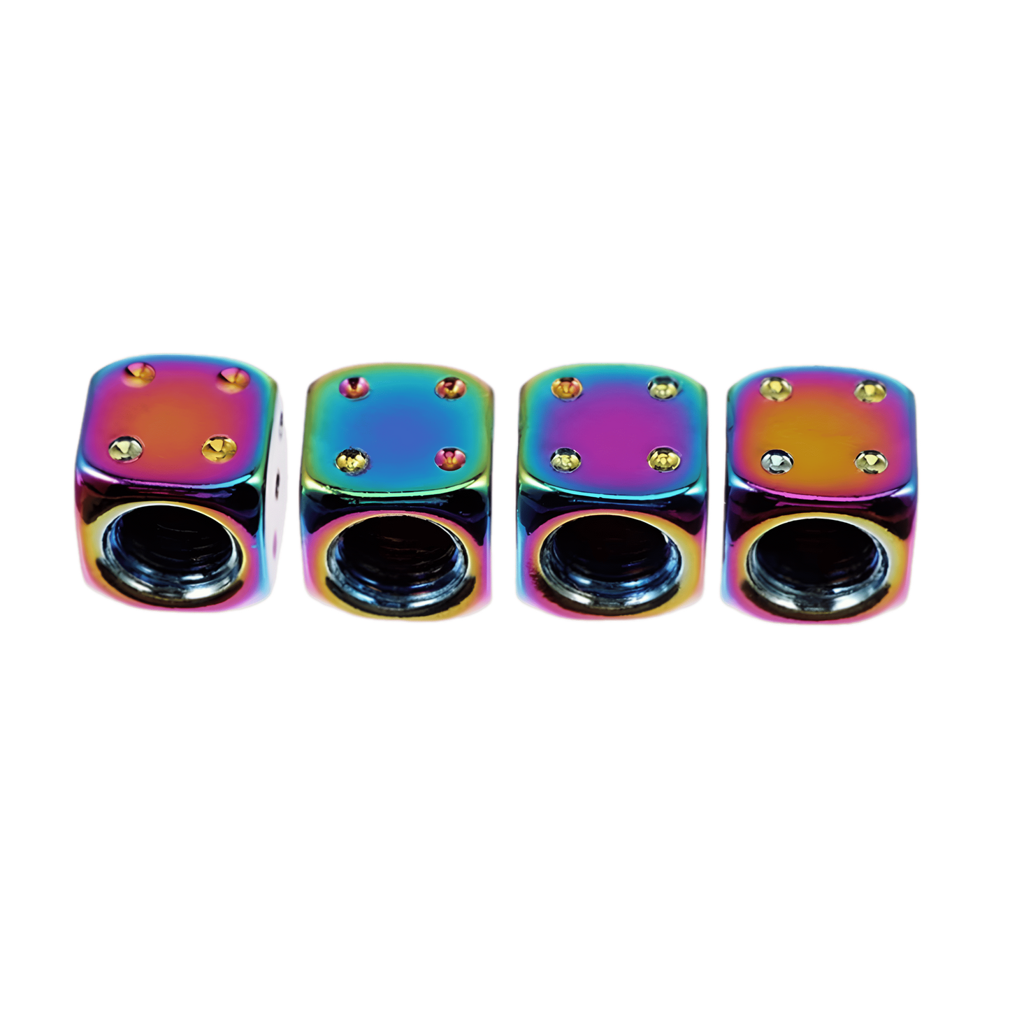 A set of four dice-shaped tire valve caps with a vibrant neo chrome finish, featuring a threaded design for easy installation.