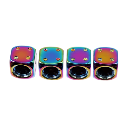 A set of four dice-shaped tire valve caps with a vibrant neo chrome finish, featuring a threaded design for easy installation.